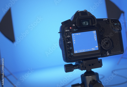 Camera focusing on a studio. Close-up of an empty display for product placement. Realistic 3D render.