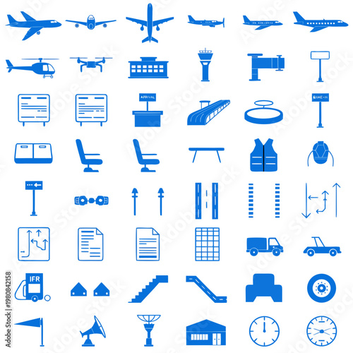 A set of blue vector icons depicting various airport and travel related symbols and objects.