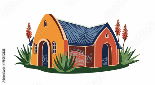 Abstract colorful building with arched entrances, windows, and surrounding flora