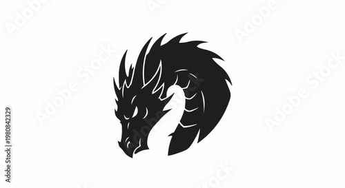 A stylized black dragon head and neck curves gracefully against white