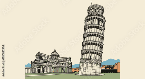 A stylized illustration of the leaning tower of Pisa with cathedral