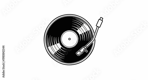 A stylized black and white graphic of a vinyl record on a turntable