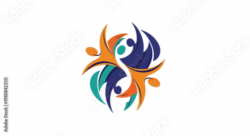 Abstract colorful figures in dynamic motion, representing unity and collaboration