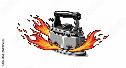 A vintage iron emits bright orange and yellow flames from its base