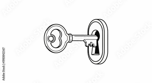 A vintage key inserted into a keyhole on a white background