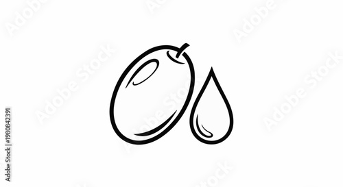 A stylized black and white graphic of an olive with a drop of liquid