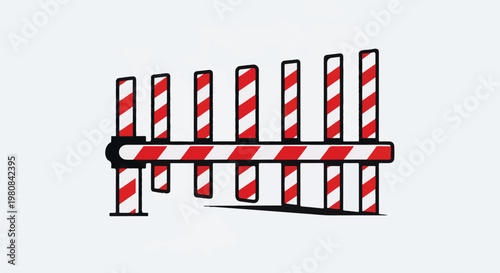 A stylized graphic barrier with alternating red and white diagonal stripes