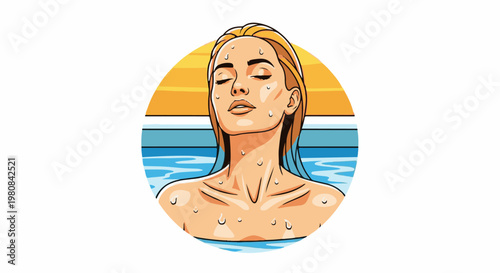 A woman with closed eyes, glistening with sweat, enjoys a refreshing dip in the pool