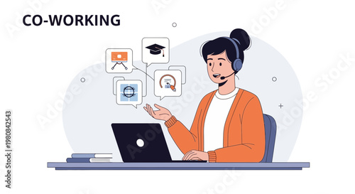 Co-working space with woman in headset and educational icons, remote work concept