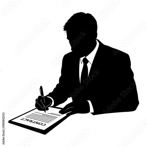 Silhouette of a businessman signing a contract with a pen.