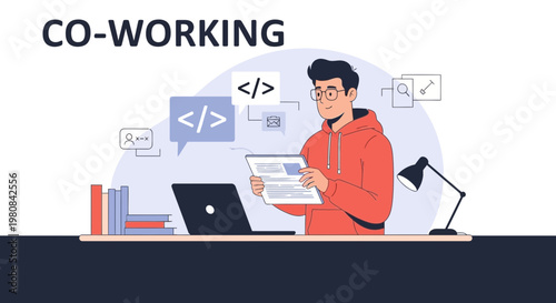 Co-working space with programmer working on laptop and tablet, coding symbols