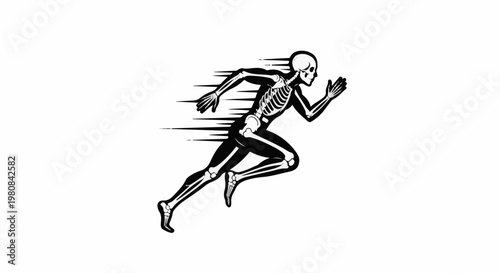A stylized black and white graphic of a skeletal figure running