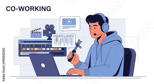 Co-working: Video editor working on laptop with editing software and equipment