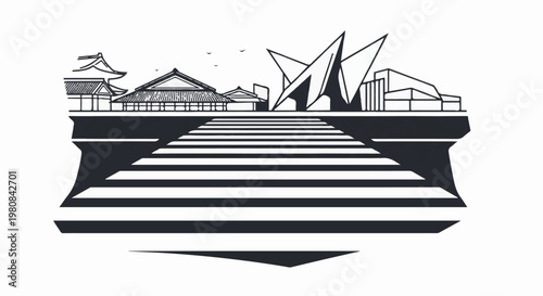 A stylized black and white graphic of a pedestrian crossing leading to a cityscape with traditional and modern buildings