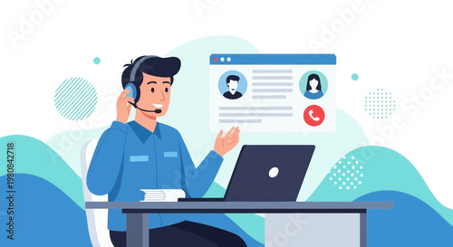 Customer Service Agent with Headset on Video Call, Online Support, Remote Work