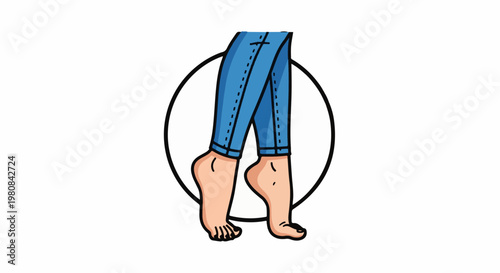 A stylized graphic of a pair of bare feet in blue jeans within a circle