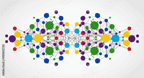 Abstract, colorful molecular network graphic with interconnected dots and lines