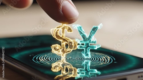 Secure Biometric Mobile Banking and Global Forex Trading, Finger Tap Unlocking Holographic Dollar and Yen on Smartphone