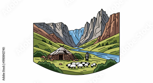 A traditional dwelling, flock of sheep, shepherd, and waterfall in valley