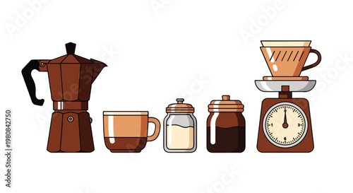 Flat lay illustration of coffee brewing equipment and ingredients on a white background with warm tones.
