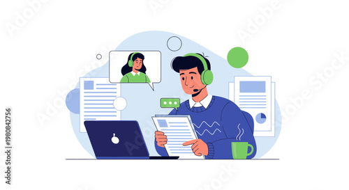 Customer service agent with headset on video call, working remotely with laptop and documents