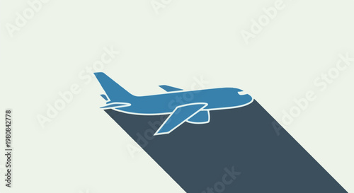 A stylized blue airplane casting a long, dark shadow on a cream background
