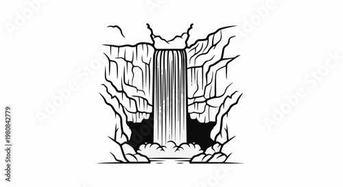 A stylized black and white drawing of a waterfall cascading into a pool