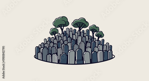 A stylized graveyard scene with many tombstones and few trees