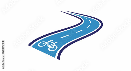 A stylized blue bike path curves to the right with white lane dividers