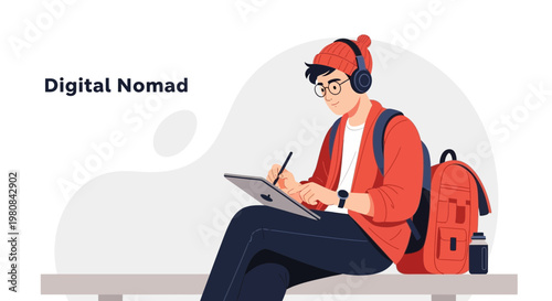 Digital Nomad working on tablet with backpack and headphones