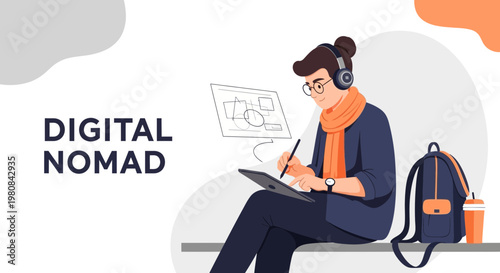 Digital Nomad Working Remotely with Tablet and Headphones, Digital Art