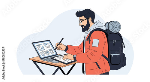 Digital Nomad Working Remotely with Laptop and Tablet, Backpack Ready for Travel