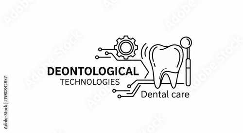 A stylized tooth with a dental mirror and gear connected by circuitry