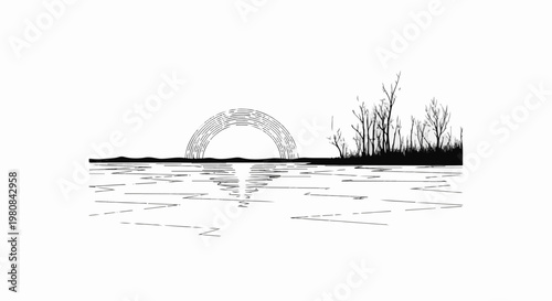 A stylized sunset with a lined sun over water and bare trees on shore