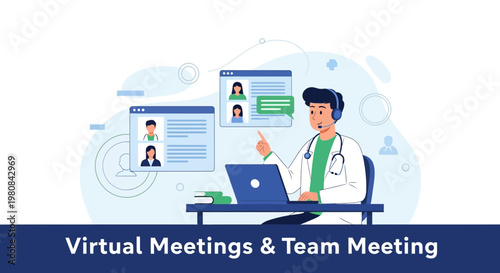 Doctor in Virtual Meeting with Patients on Laptop Screen, Online Healthcare Consultation