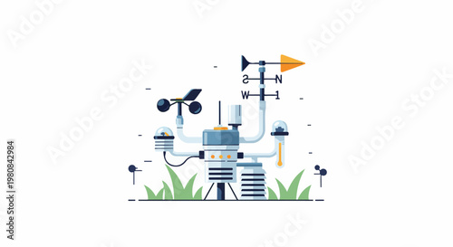 A weather station with various sensors and wind direction indicators