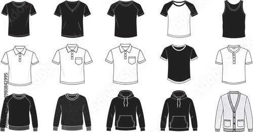 Men clothing vector set, blank tee shirts, polo shirts, warm hoodies, tank tops, and sweater templates for fashion design mockups.