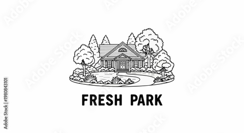 A whimsical black and white drawing of a house surrounded by lush trees and bushes