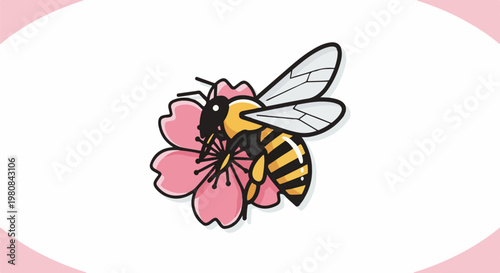A stylized bee with black and yellow stripes pollinates a pink flower