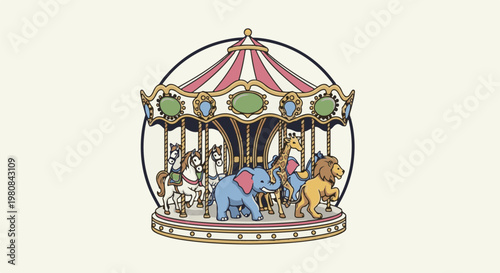 A whimsical carousel features charming animal figures and horses, evoking childhood joy