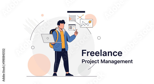 Freelance Project Management: Man with Laptop and Charts, Business Concept