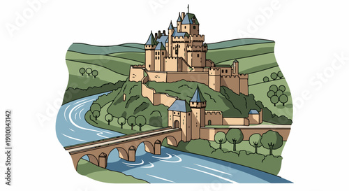 A whimsical castle perched atop a hill beside a winding river