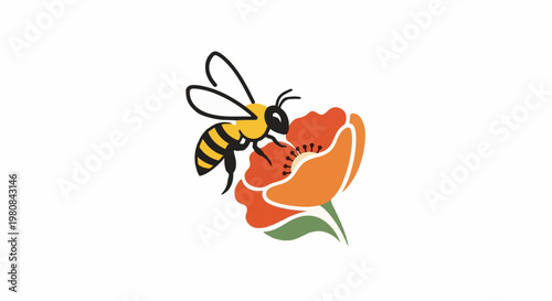 A stylized bee collects nectar from a vibrant, graphic poppy
