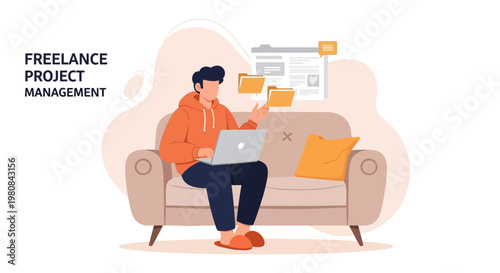 Freelance Project Management: Man working on laptop on couch, organizing files