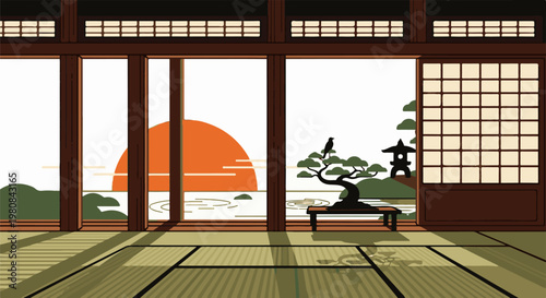 A traditional Japanese room with a view of a sunrise over water