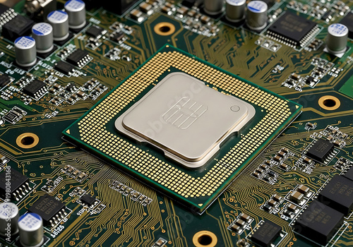 A close up view of a modern computer central processing unit installed on a complex black printed circuit motherboard system