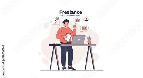 Freelance Project Management: Man working on laptop, planning tasks, remote work concept