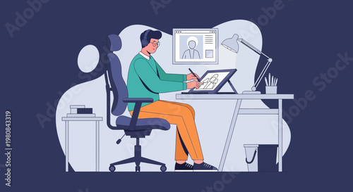 Graphic designer working on digital tablet at desk with computer and lamp