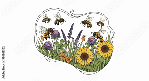 A whimsical illustration of bees pollinating a colorful flower garden within a decorative border