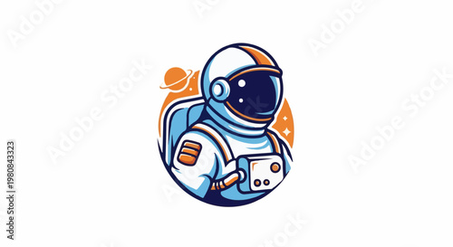 A stylized astronaut floats in space near a planet and stars